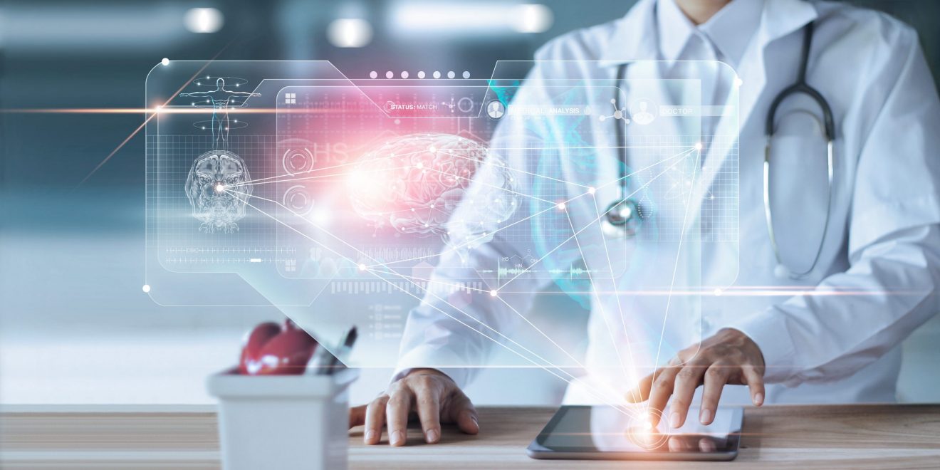 A doctor using a tablet with a digital interface to access medical records.